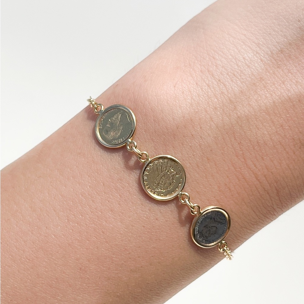 18K SOLID GOLD vintage bracelet with 3 American-themed coins ~3 grams of gold
